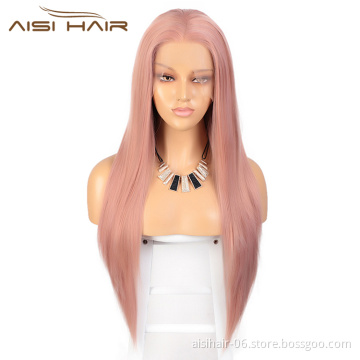 Straight Lace Frontal 26 Inch Wig Synthetic Cosplay Long Pink Wig Silky Front Lace Hair Wigs For Black White Women